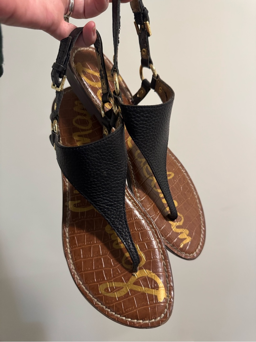 Sam Edelman Black Leather T-strap Sandals with Brown Croc Insole